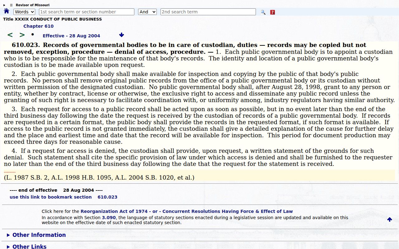 Moniteau County court record request source showing Missouri custodian action and written-denial rules