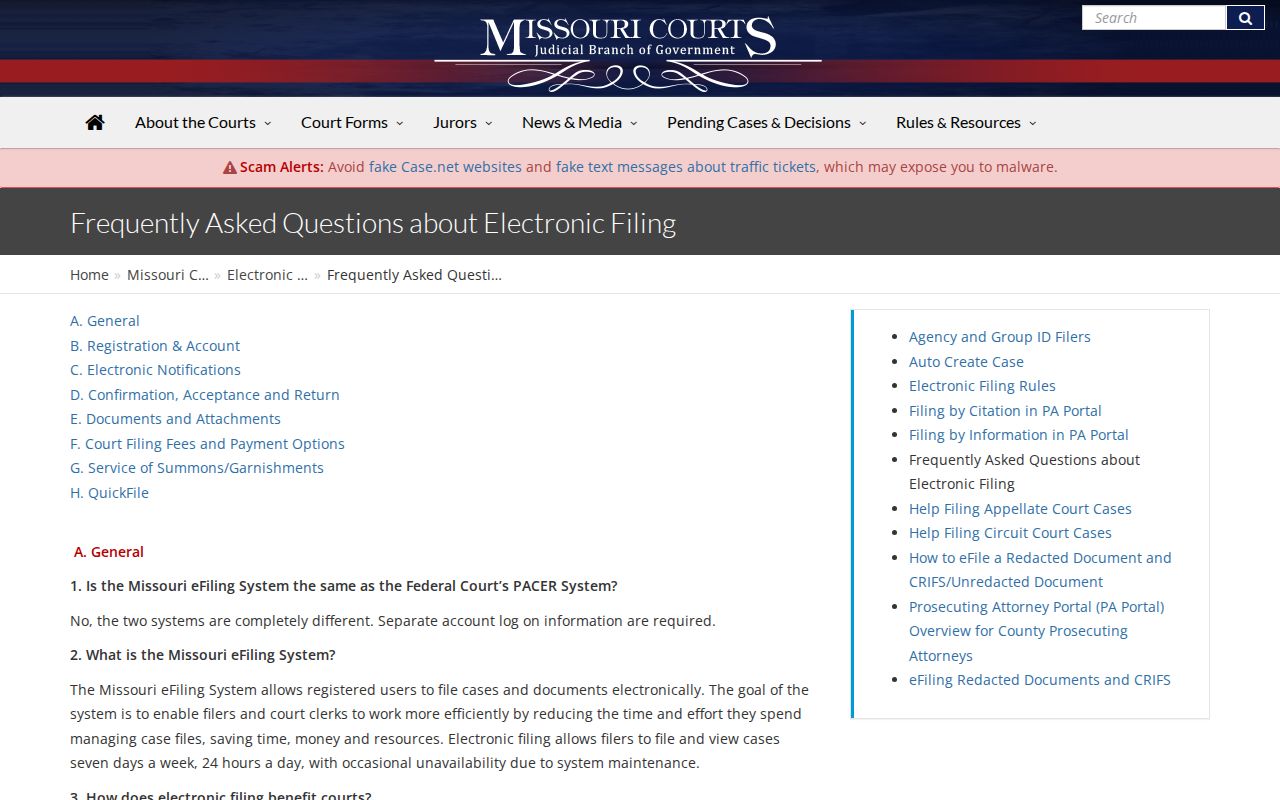 Moniteau County docket search source showing Missouri eFiling public-terminal and document-security guidance