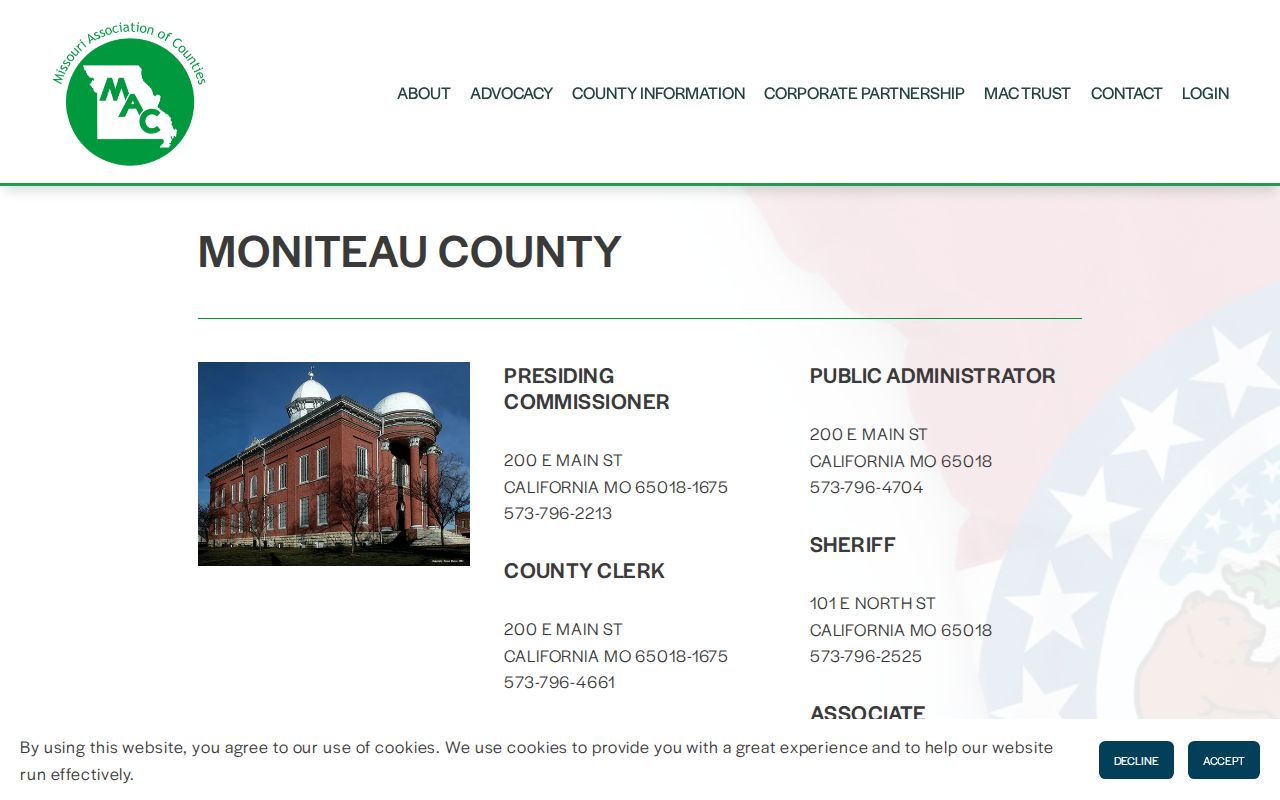 Moniteau County court docket records source showing the county office directory