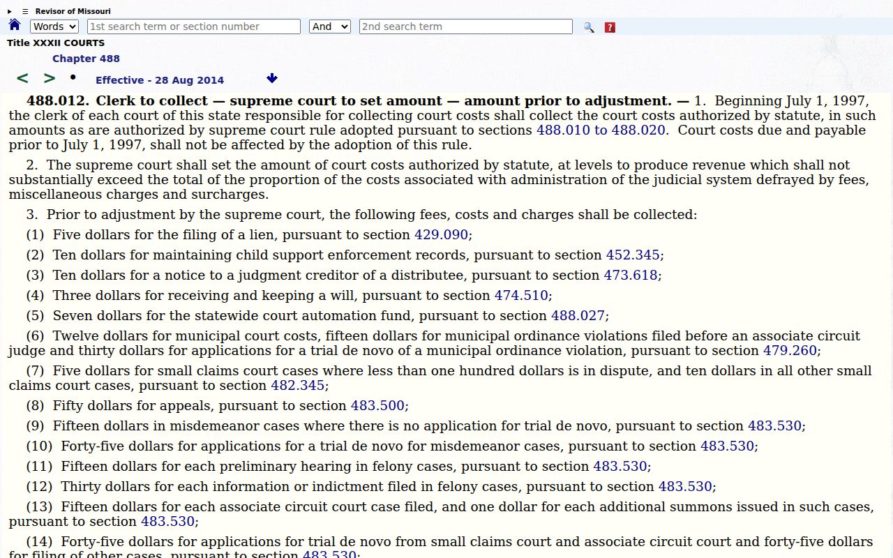 Moniteau County traffic court record court-cost statute source