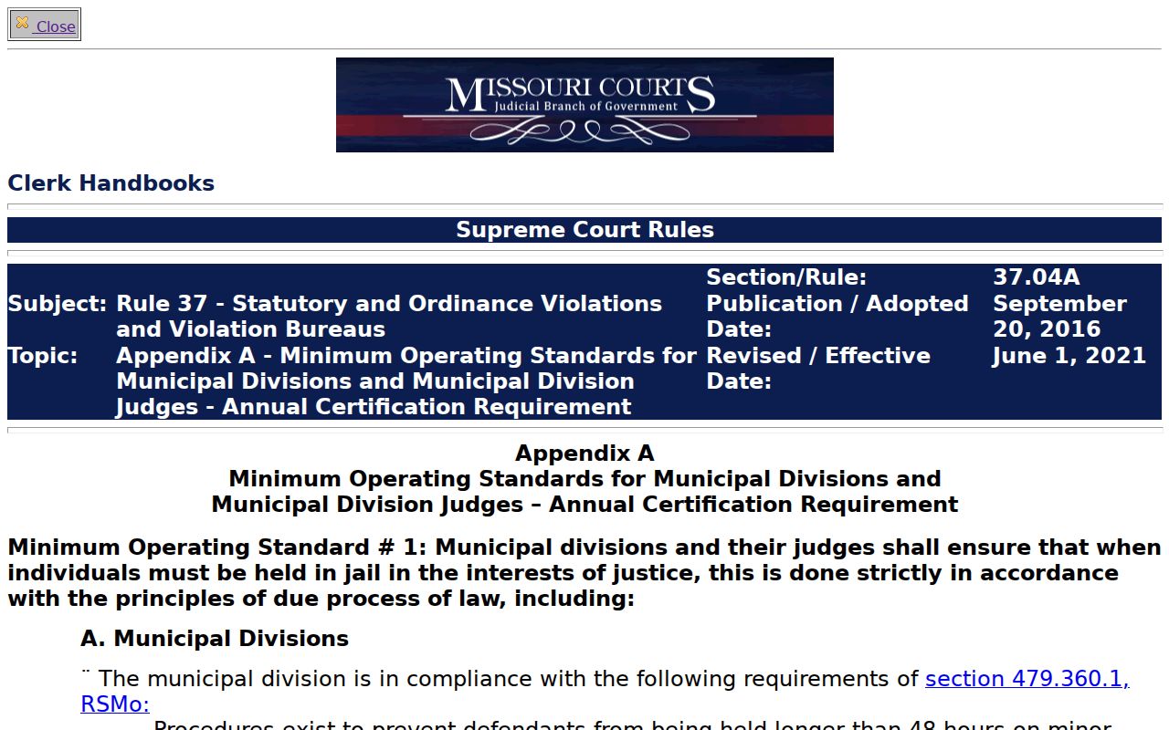 Moniteau County traffic court record Rule 37 standards source